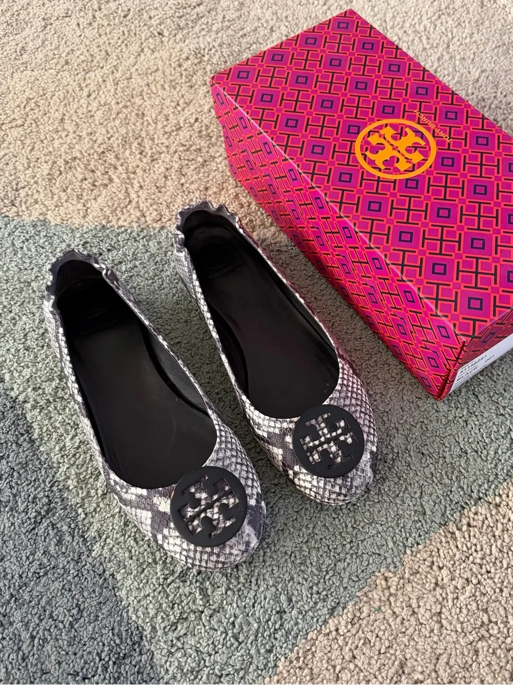 Tory Burch Stamped Snake Minnie Travel Ballet Metal Logo - Soft Nappa Leather